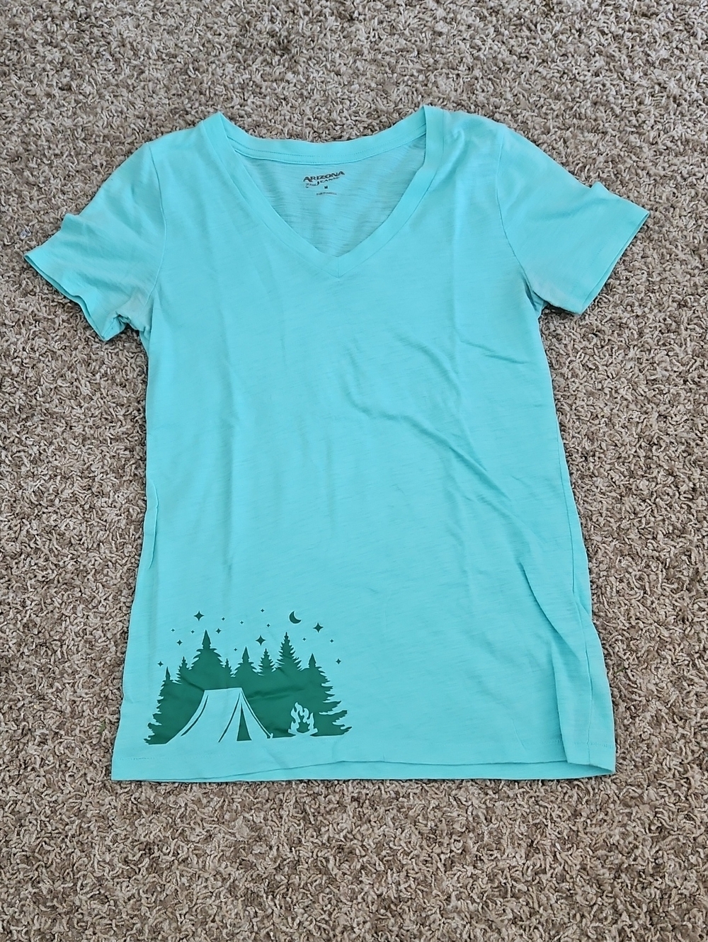 Light Aqua V-Neck Tee with Camping Graphic